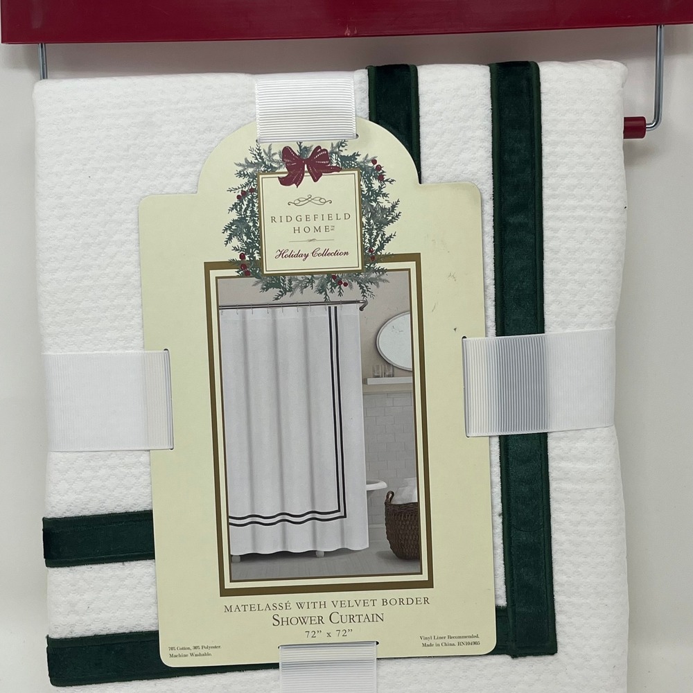 Ridgefield Home Matelasse  Rich Green Velvet Border Fabric Shower Curtain Luxury